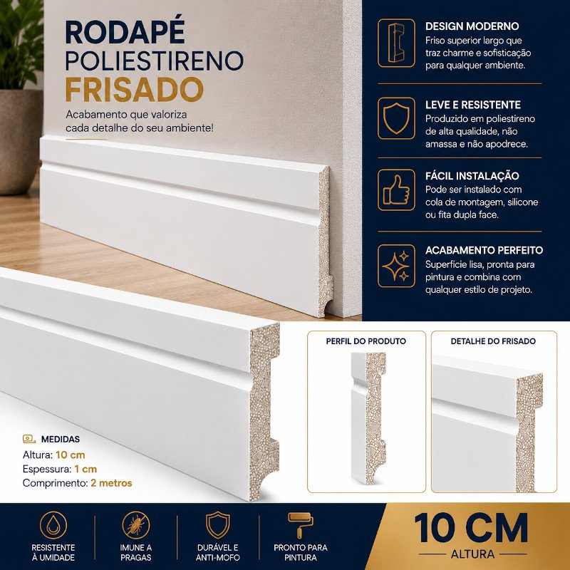 Rodapé Decorativo Poliestireno Frisado Slim 10 cm 2 Metros