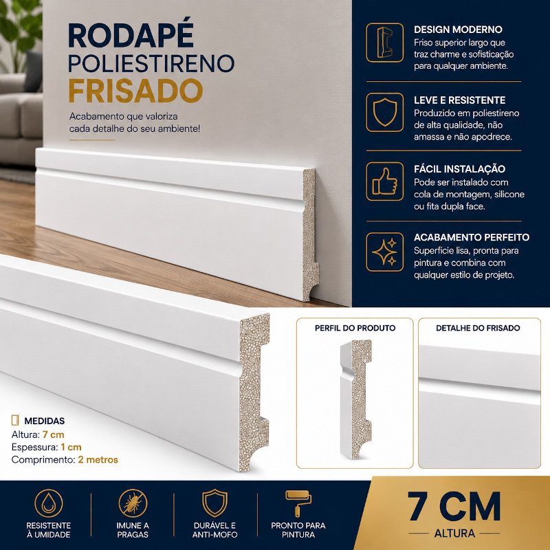 Rodapé Decorativo Poliestireno Frisado Slim 7 cm 2 Metros