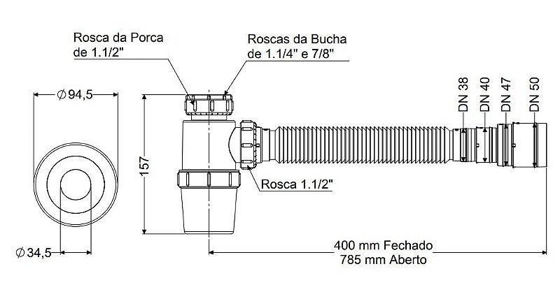 Sifão Copo pia Extensivo Flexivel Lavatorio Preto Censi