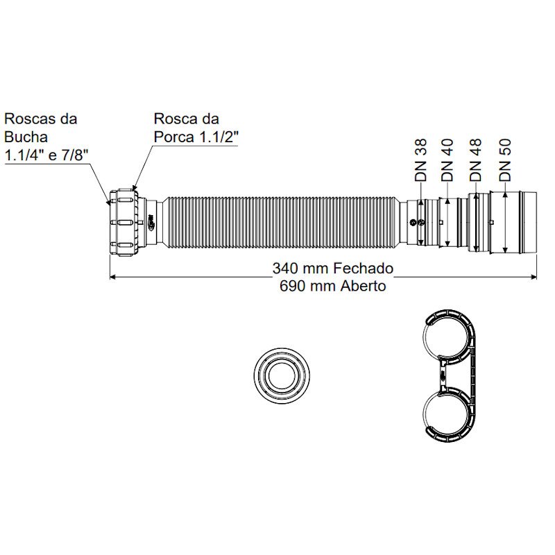 Sifão Universal Multiuso Sanfonado ajustável 69cm BR Censi