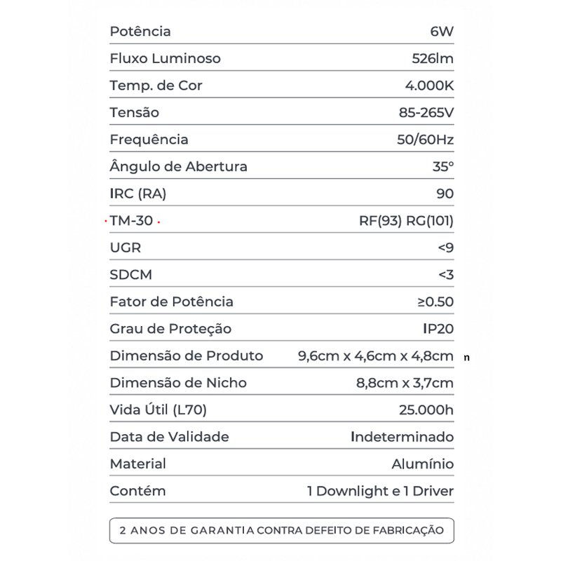 Spot Downlight Powerus Preto IRC 90 6w 4000k IP20 Nordecor