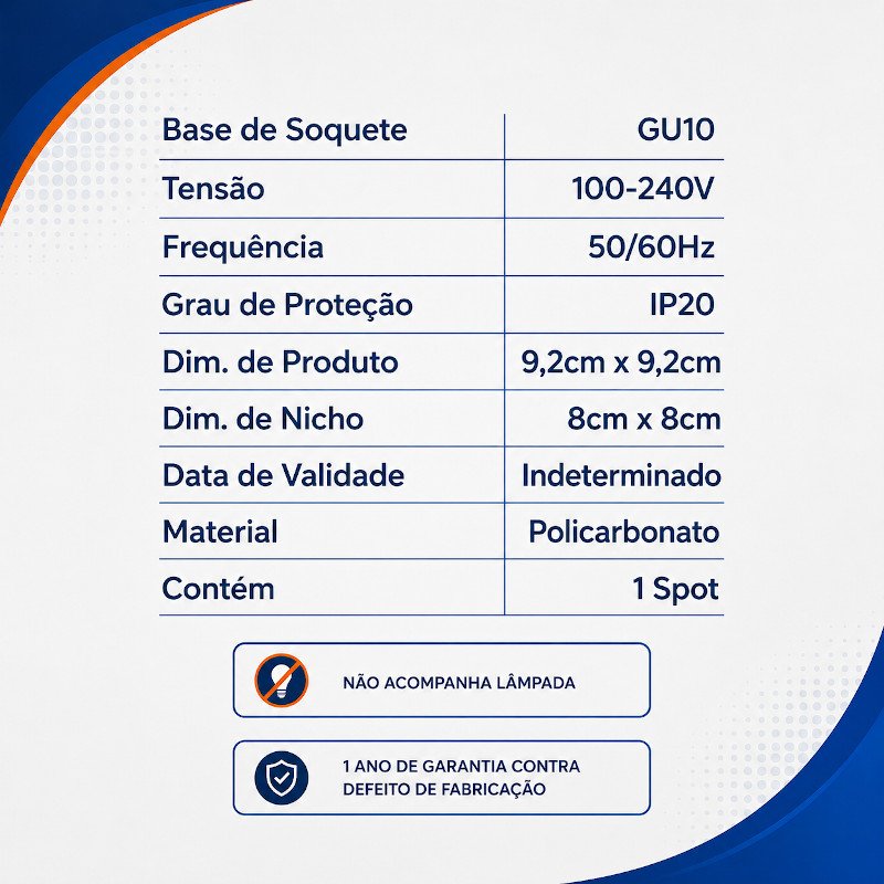 Spot Embutir Recuado Quadrado Branco para Lâmpada MR16 GU10