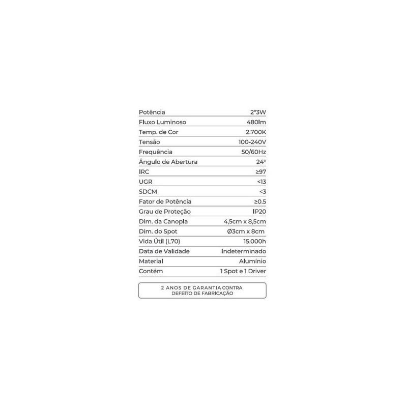 SPOT LED KONA SOBREPOR 24° IRC97 2*3W 2700K PT