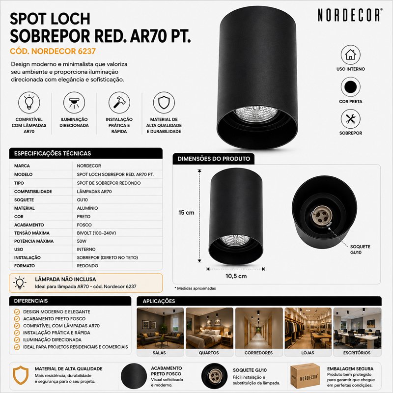 Spot Loch Redondo Sobrepor AR70 GU10 Preto Bivolt Nordecor