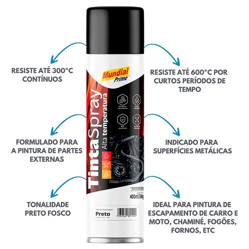 TINTA SPRAY PRETO FOSCO ALTA TEMPERATURA 400ML MUNDIAL