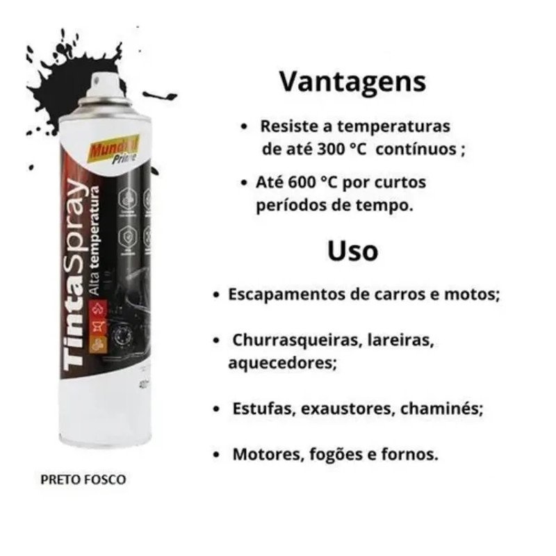 TINTA SPRAY PRETO FOSCO ALTA TEMPERATURA 400ML MUNDIAL