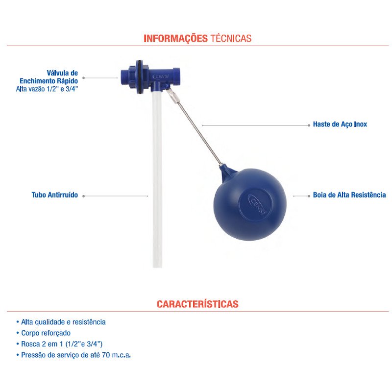 Torneira Boia Caixa D'agua Alta Vazão 1/2 x 3/4 Censi