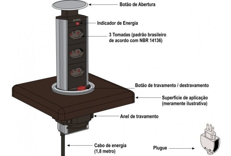 Torre De Tomada Para Bancada Embutir Retratil Com 3 Tomadas