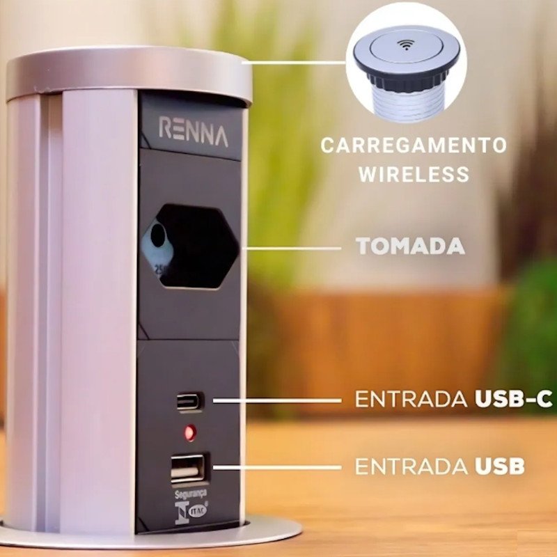 Torre Tomada Automática Indução Wireless 1 T + 2 USB Prata