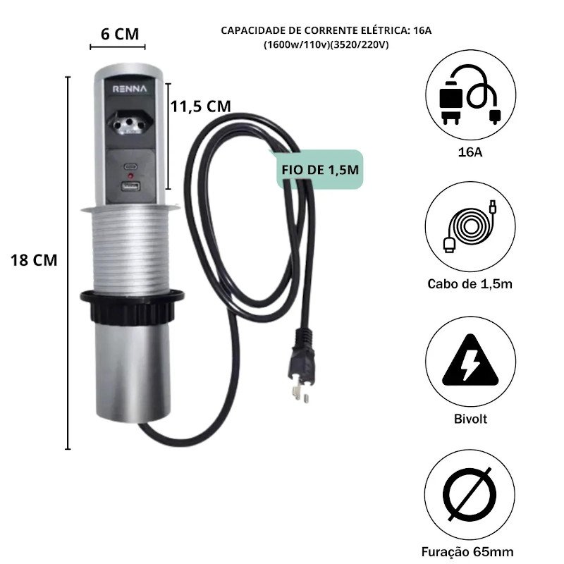 Torre Tomada Automática Indução Wireless 1 T + 2 USB Prata