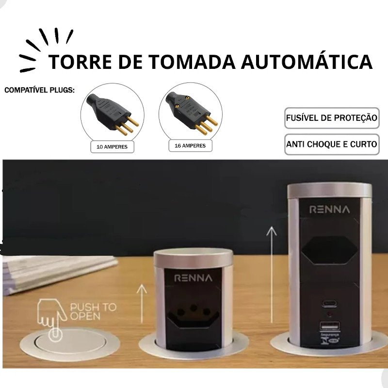 Torre Tomada Automática Indução Wireless 1 T + 2 USB Preta