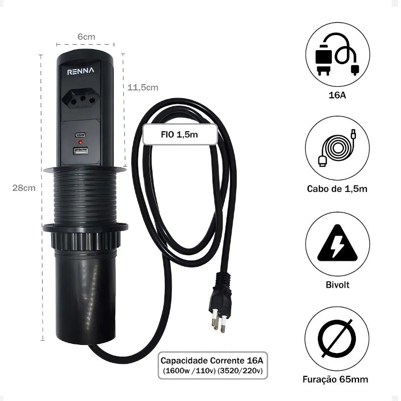 Torre Tomada Automática Indução Wireless 1 T + 2 USB Preta