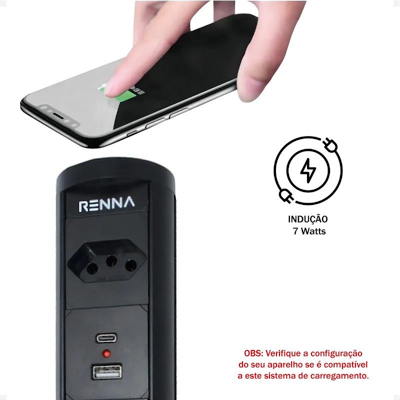 Torre Tomada Automática Indução Wireless 1 T + 2 USB Preta