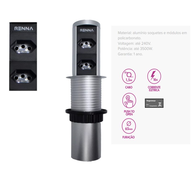 Torre Tomada Automática Moveis Embutir Retrátil 2 Tomadas CZ