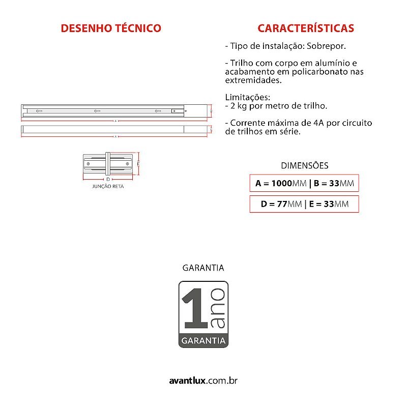 Trilho eletrificado Elegance Preto 1 mt 3 spot 7w 6500k avant