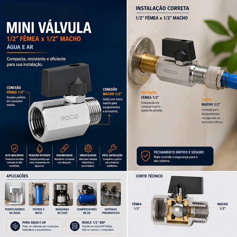 Válvula Mini Registro Esfera Água Ar Macho x fêmea 1/2 roco