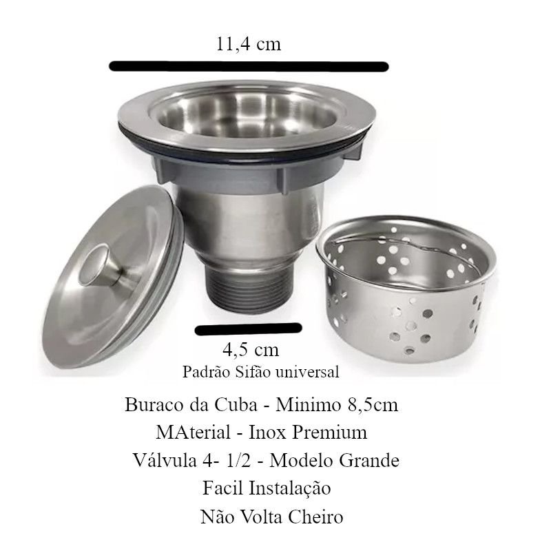 Valvula Pia Higienica com Cesto e tampa 4-1/2' Premium Inox