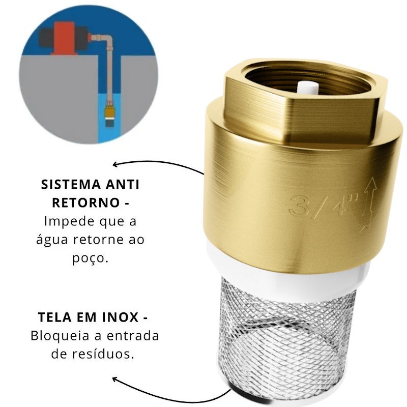 Válvula Retenção Fundo de Poço 3/4 latão Tela em Aço Inox