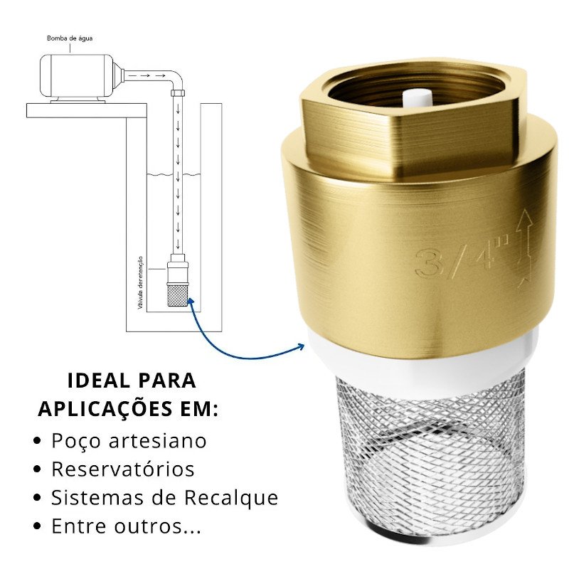 Válvula Retenção Fundo de Poço 3/4 latão Tela em Aço Inox