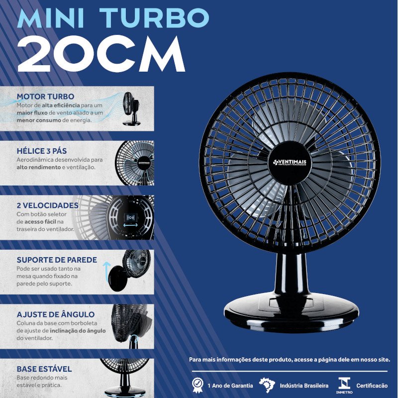 VENTILADOR mesa parede MINI TURBO 20CM PRETO/PRATA 127V
