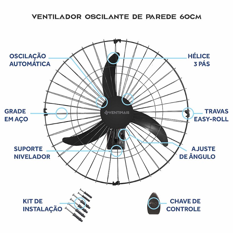 VENTILADOR PAREDE POTENTE OSCILANTE 60CM PT LIGHT 147W 127v